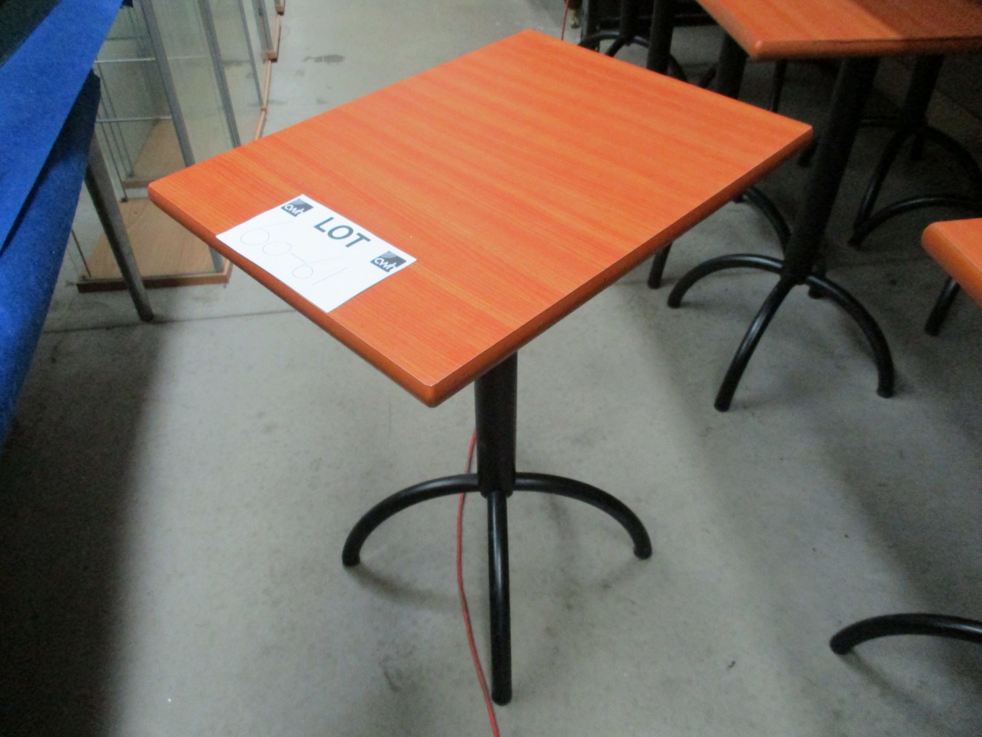 5 x light wood formica topped cafe tables 45 x 60cm on black metal splayed legs