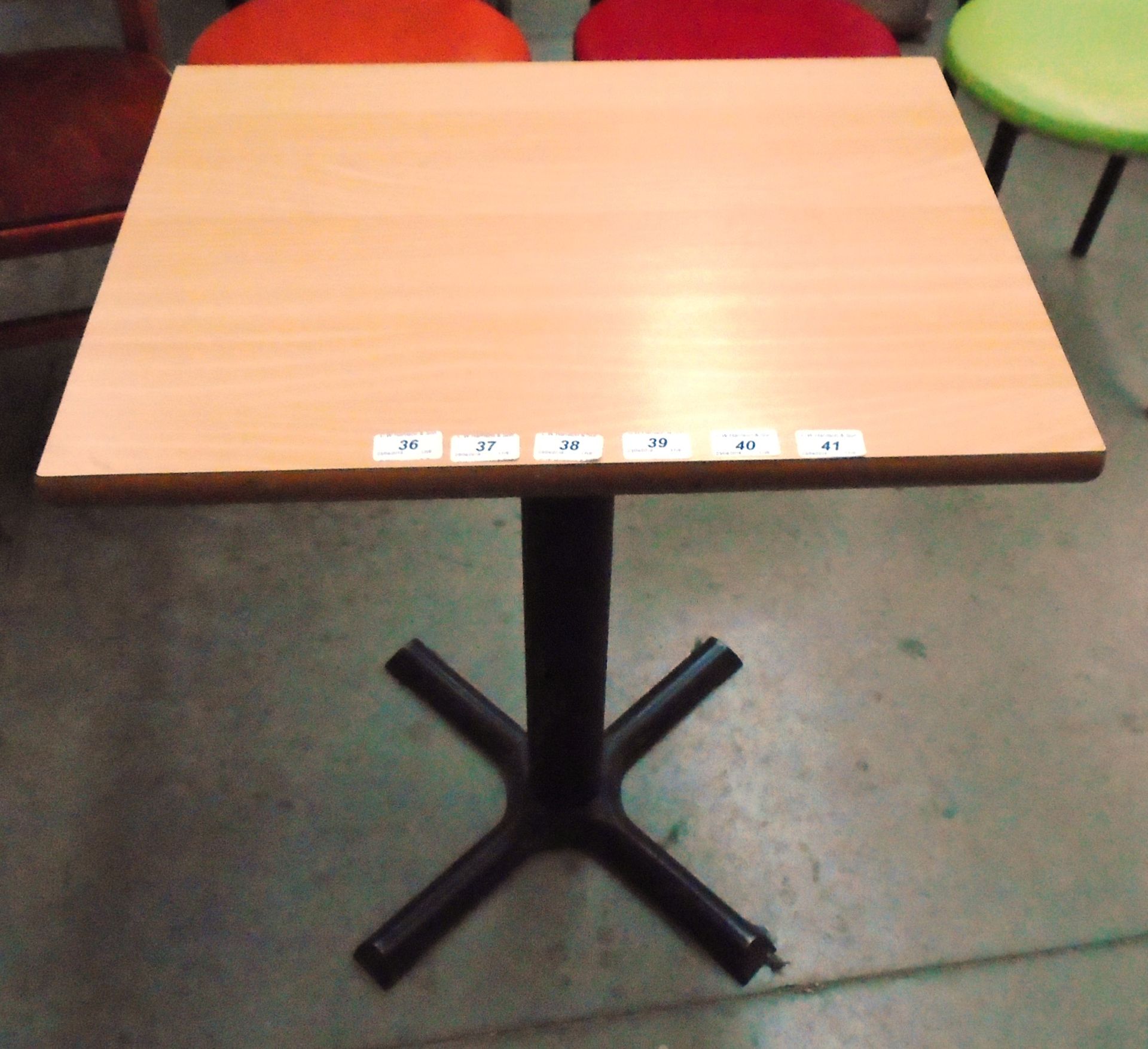 10 x light wood cafe tables on black metal splayed legs - 45cm x 60cm