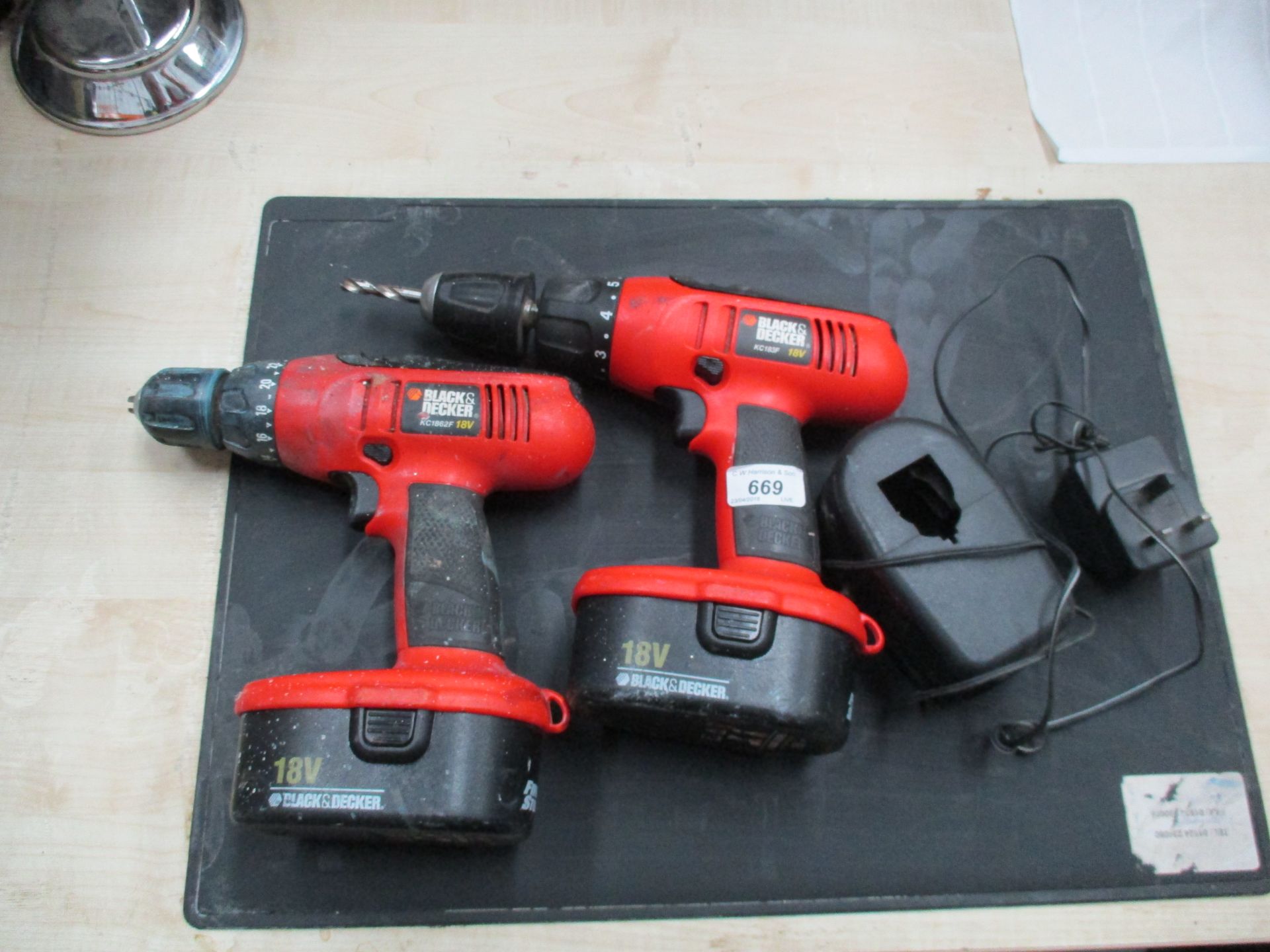 2 x Black & Decker KC1862F 18v cordless drills c/w 2 x batteries and 1 x charger