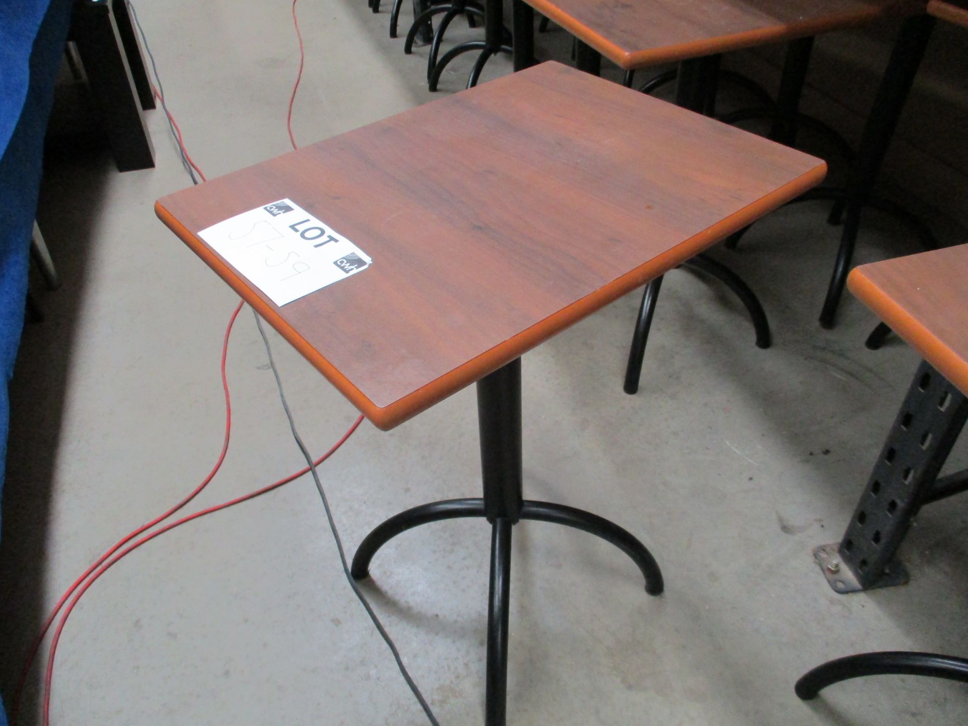 10 x dark wood formica topped cafe tables 45 x 60cm on black metal splayed legs