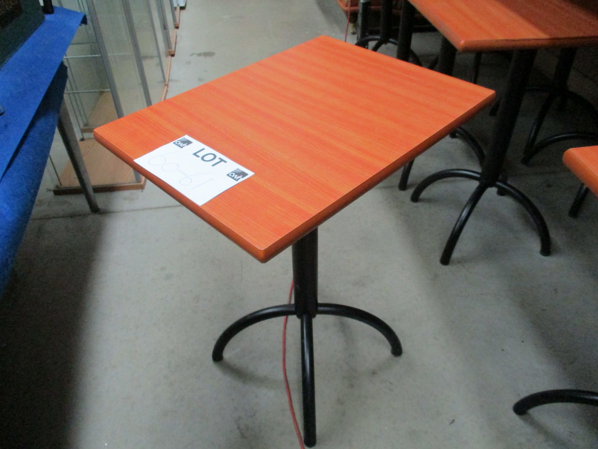 10 x light wood formica topped cafe tables 45 x 60cm on black metal splayed legs