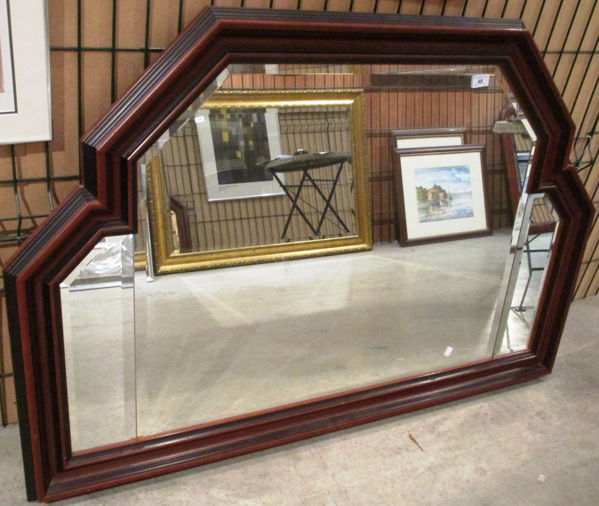 Large wood framed shaped over mantel mirror 84 x 125cm