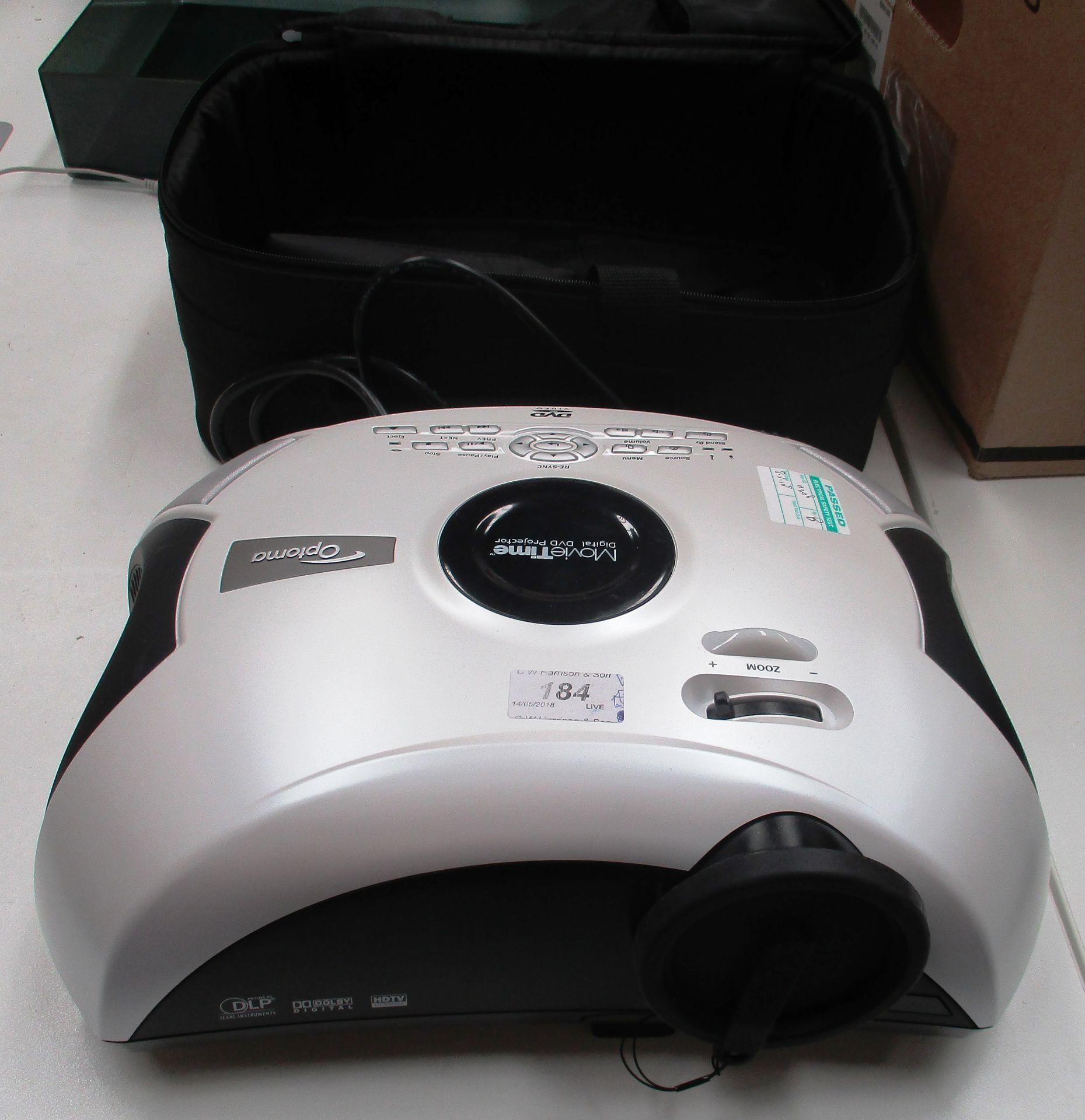 A Optoma Movie Time digital DVD projector - power lead and case