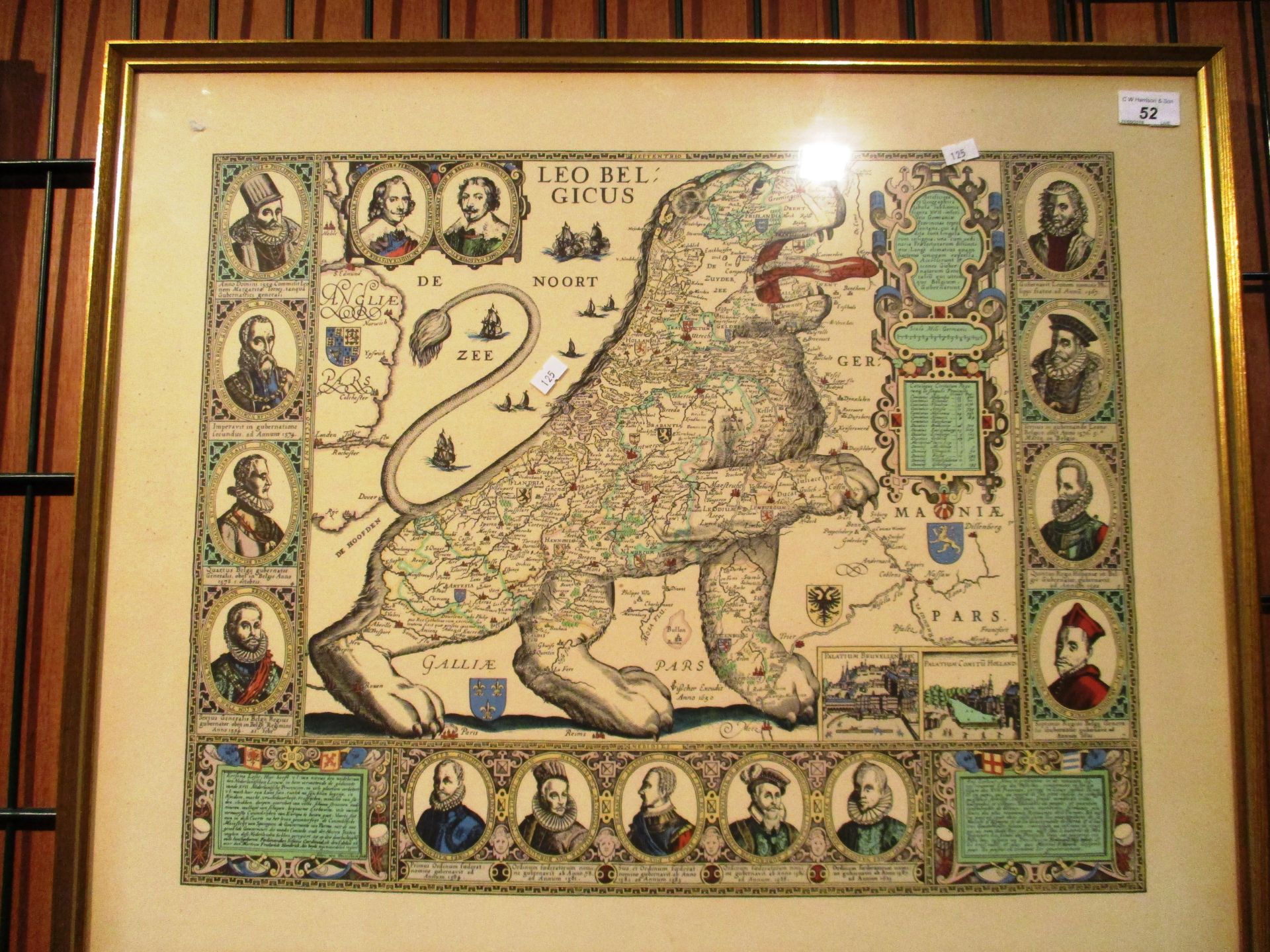 Framed reproduction map of Holland/Belgium circa 1650 - 53 x 66 cm