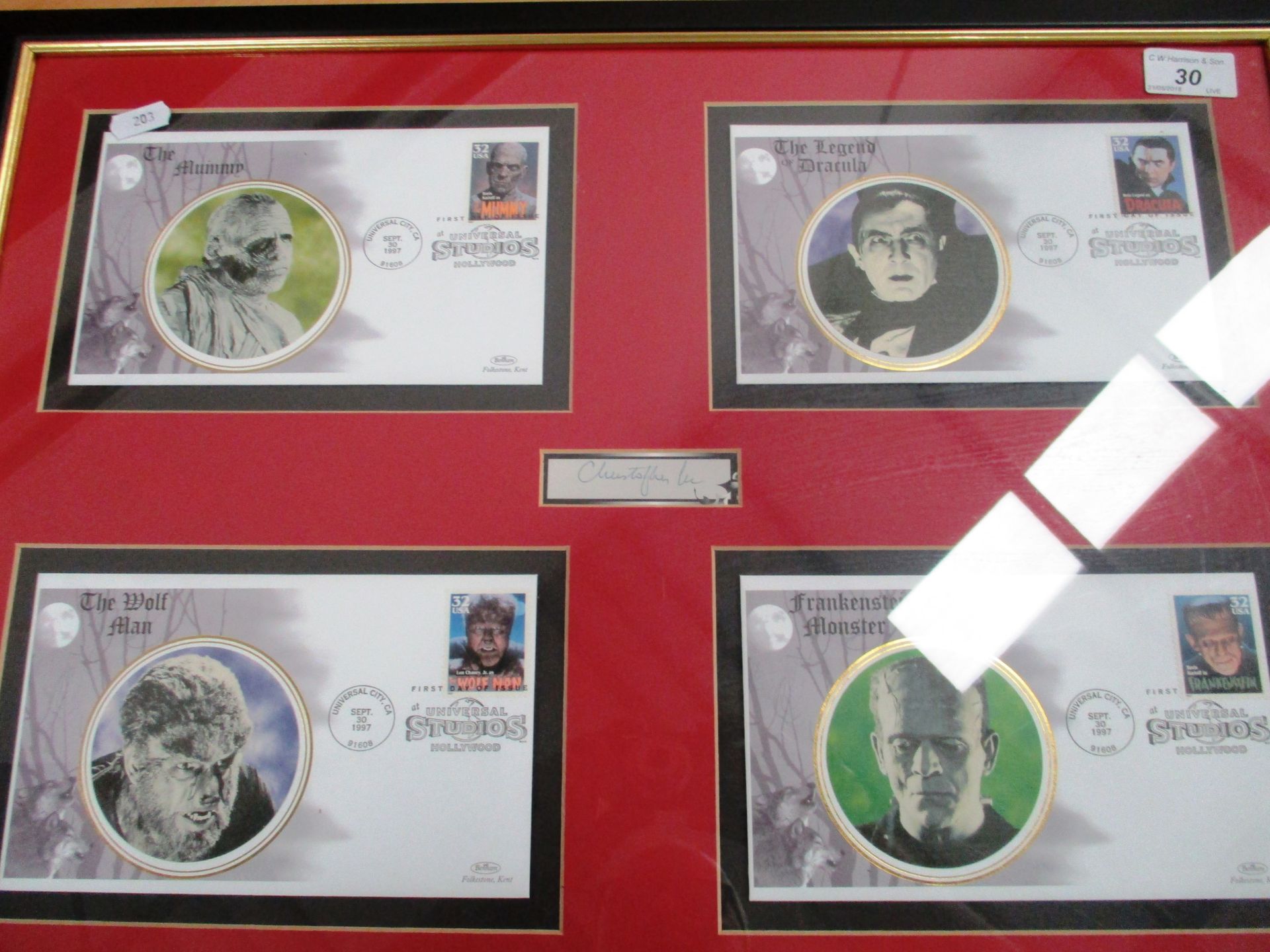 A framed Ltd Edition Classic Horror 1st Day issue montage stamped Universal Studios 30.09.