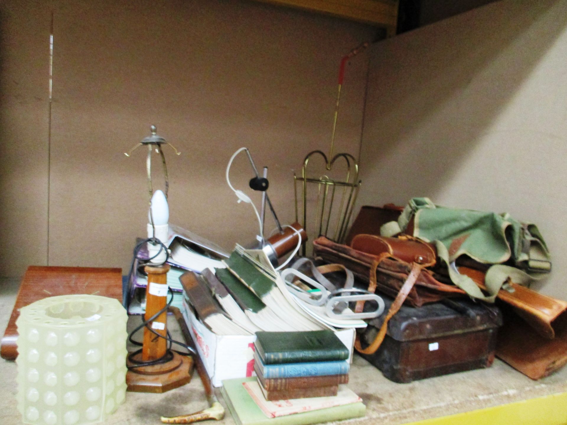Contents to part of rack - suitcase, briefcase, lamps, clocks,