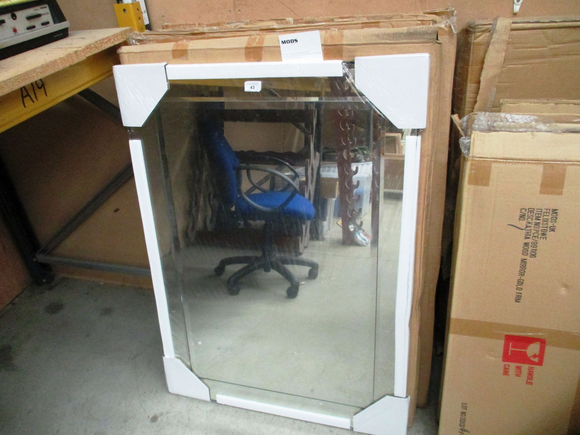 A Mods bevelled mirror with clear glass border 113 x 82cm with box