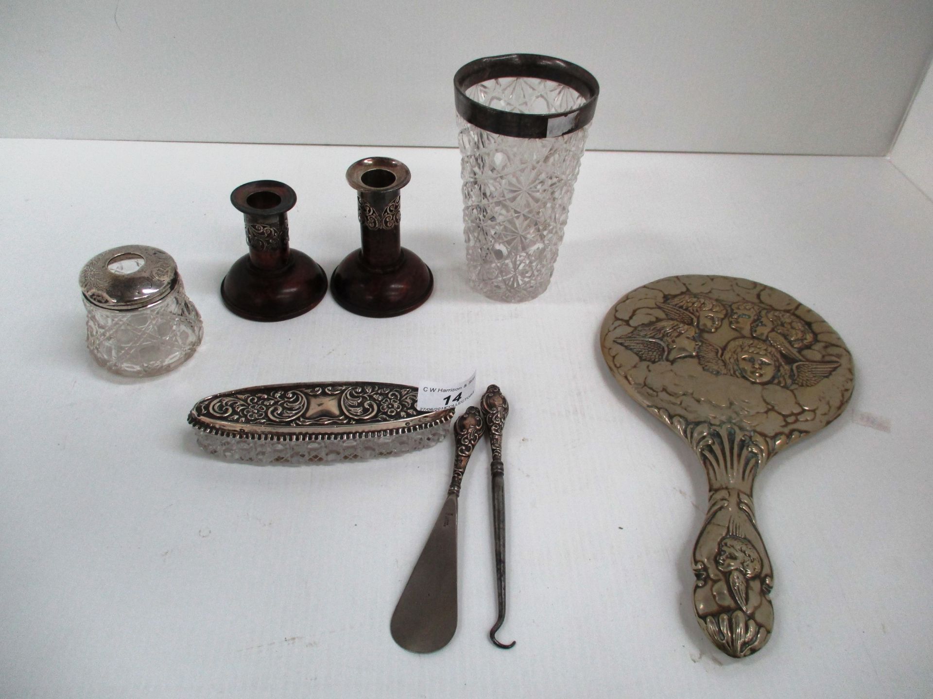 A small collection of silver and silver plate including silver plated Art Nouveau hand mirror