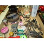 Contents to tray - copper handles, brass tins, wood pot etc.