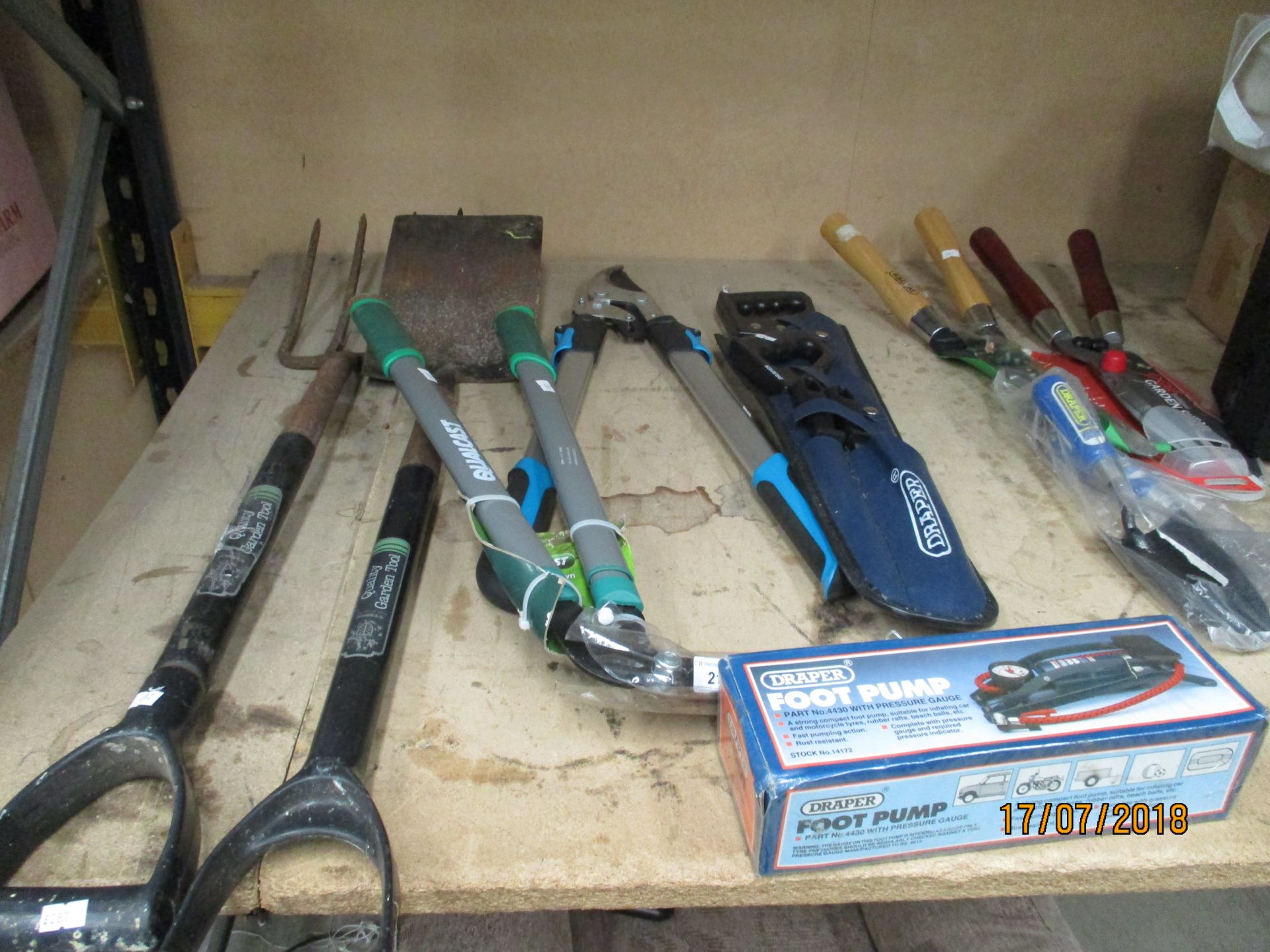 Quality garden spades, Draper foot pump, Excel garden shears,