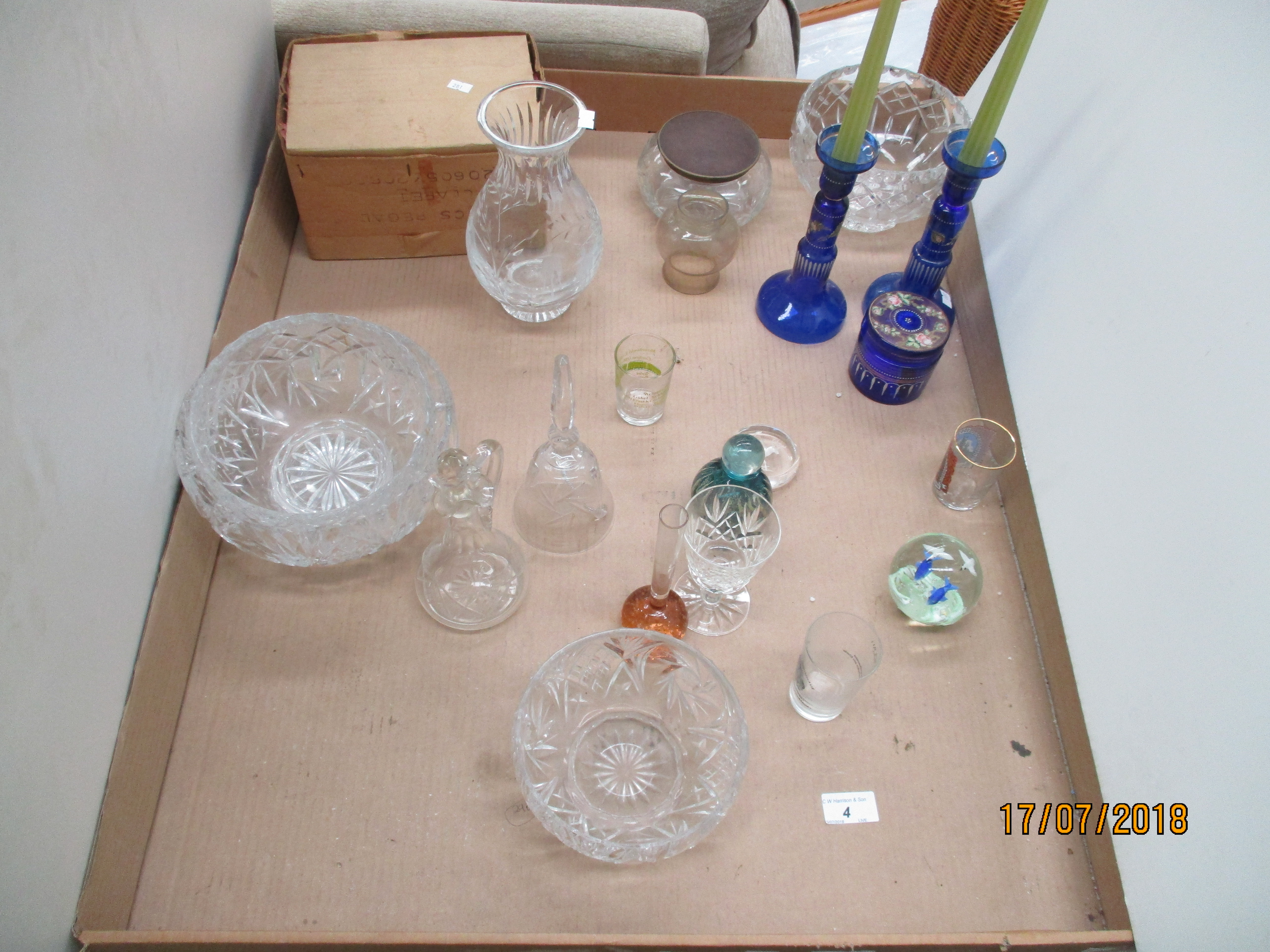 Contents to tray - a pair of late Victorian blue glass candle sticks with a matching jar with cover,