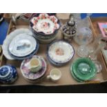 Contents to tray - Royal Doulton "Bunnykins" plate, Masons Strathmore milk jug, crystal decanter,