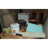 Contents to tray - copper coal box, Oxo cubes tin, metal bread bin, small Oriental plant stand,