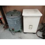 Morley water boiler in cream enamel case and old galvanised circular water boiler