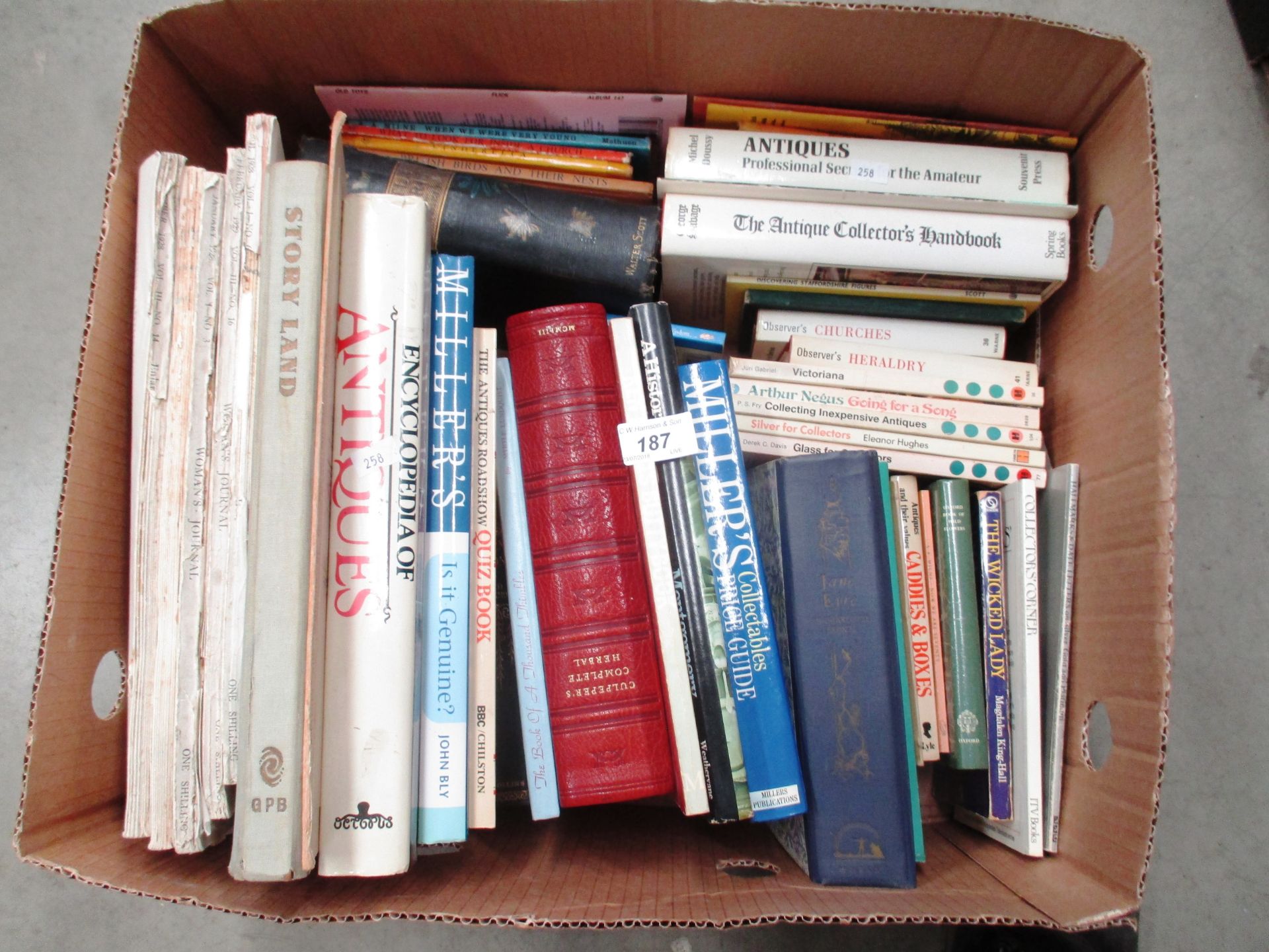 Contents to box - books on antiques, Ladybird children's books, etc.