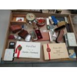 Contents to tray - costume jewellery, Victorian style brushes, collector tins, perfume,