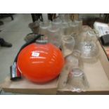 Contents to tray - 1960s hanging ceiling light with orange shade and a quantity of glass light