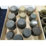 Thirteen assorted brass wheel hub caps inscribed to various Leeds area makers/builders including