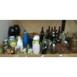 Contents to two trays - approximately thirty assorted bottles, copper water jugs, ceramic vases,