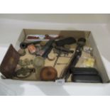 Contents to tray - corkscrew, watches, two carved African knives, Pince Nez glasses,