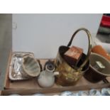 Brass coal bucket, copper crumb scoop and brush, Foley inhaler, jelly mould, opera binoculars,