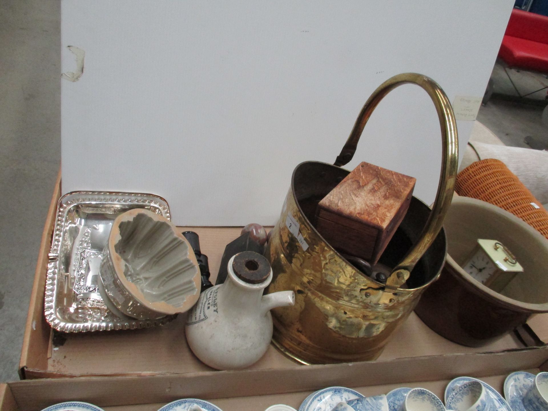 Brass coal bucket, copper crumb scoop and brush, Foley inhaler, jelly mould, opera binoculars,