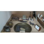 Contents to tray - Art Deco style clock, brass serving tray, pewter, teak framed mantel clock,