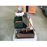 Contents to pallet and tray - scale, assorted rakes, shovels, chimney sweep brush, buckets,