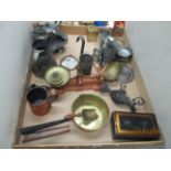 Contents to tray - copper mug, W & T Avery weighing scales, metal pewter jug, brass mantel clock,