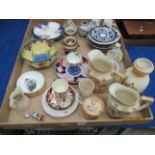 Contents to tray - a pair of Crown Devon water jugs with matching jar and vase, charger plates,