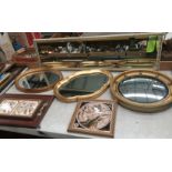 Four assorted mirrors, an Art Nouveau style tile depicting Autumn and a tile tray.