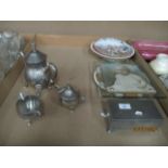 Contents to part of tray - pewter cigarette box,
