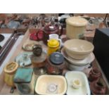 Contents to tray - enamel and pottery kitchenware including teapots, coffee pots, candle holders,