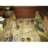 Contents to tray - wooden box, horse bits, brasses, rope, locks etc.