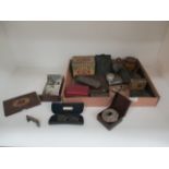 Contents to tray - Hovis folding sandwich tin, sets of Pince Nez glasses,