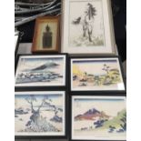 Nine items - a set of five Japanese prints, a print of a horse,