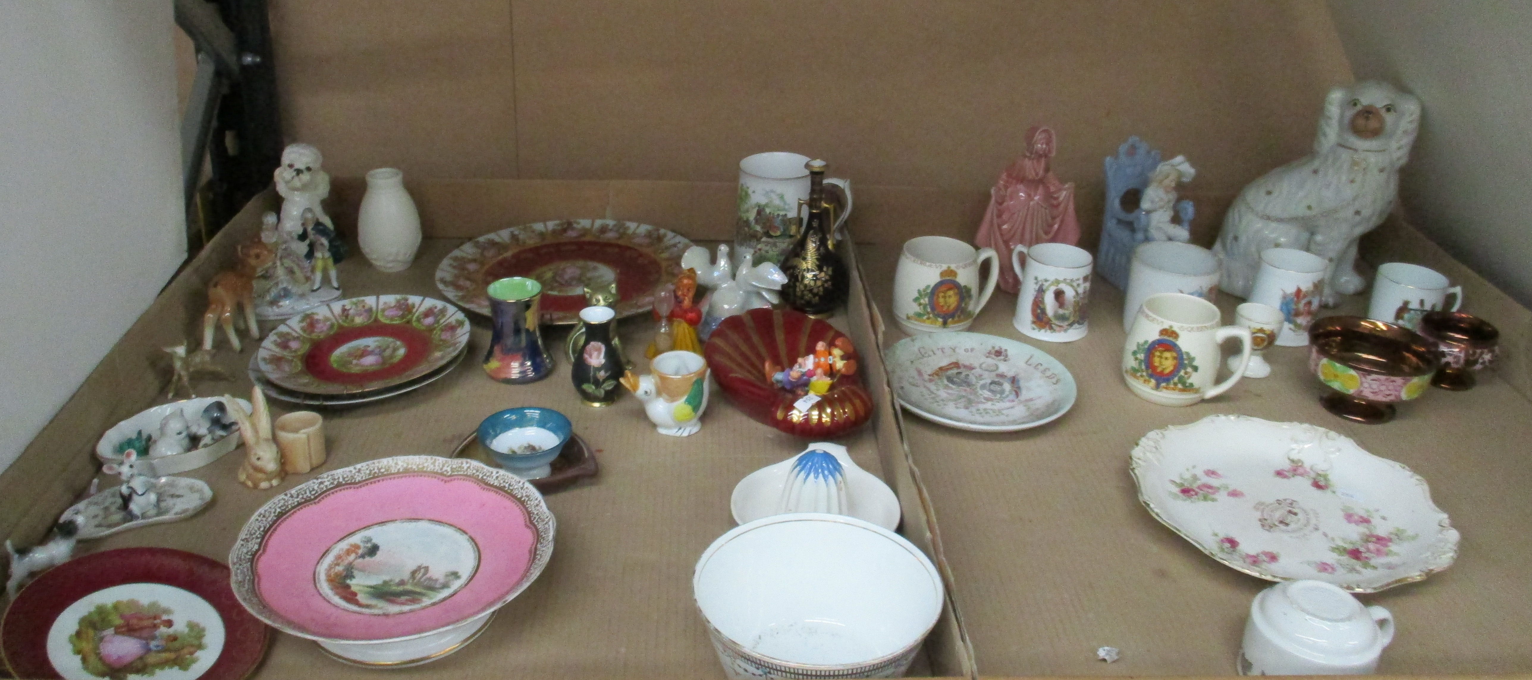 Contents to two trays - Chinese porcelain dogs, ceramic miniature animals, Bridgwood tea cups,