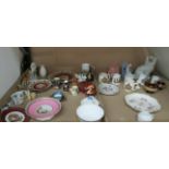 Contents to two trays - Chinese porcelain dogs, ceramic miniature animals, Bridgwood tea cups,