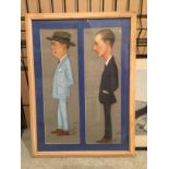 Two framed full length caricatures of gentlemen, pastel, signed Voll,