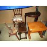 Six items including teak nest of three tables, half moon table, small drop leaf table,