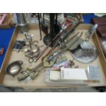 Contents to tray - metal fire irons, silver plated jug, metal pewters, candles,