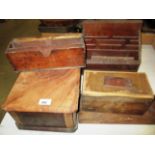 Four items - walnut topped writing box and letter stands for refurbishment
