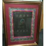 Large Indian sketch of a deity with eight attendants, gold on black with green highlights,