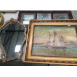 A distressed oil painting of a boat at a harbour together with two mirrors.