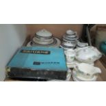 Contents to tray - Hartland modern 18 piece tea service, part Wedgwood blue pattern dinner service,