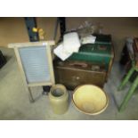 Nine items - 2 green suitcases, brown suitcase, washboard, mixing bowl,