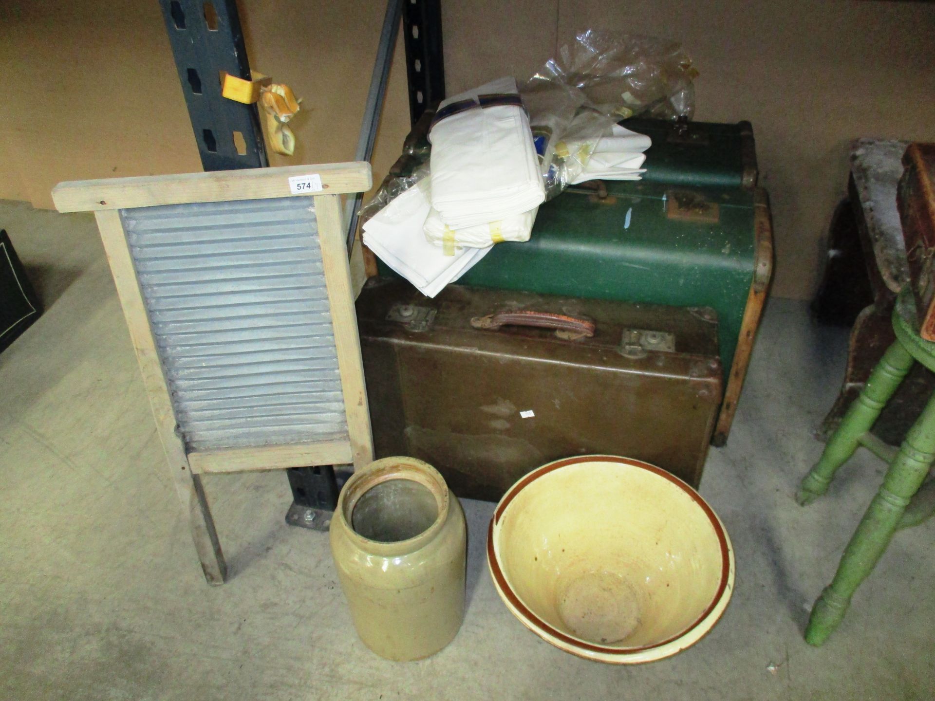 Nine items - 2 green suitcases, brown suitcase, washboard, mixing bowl,