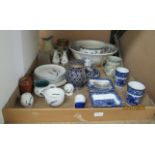 Contents to tray - Blue ware wash bowl and jug, Abby Shredded Wheat dishes,