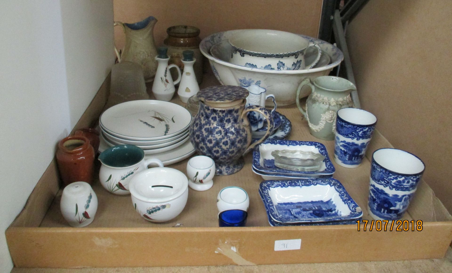 Contents to tray - Blue ware wash bowl and jug, Abby Shredded Wheat dishes,