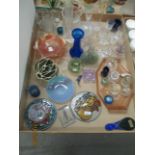 Contents to tray - two stained glass circular panels, rose glass display tray,
